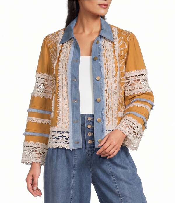 ジョン 目じるし レディース アウター 厚地の外套 スピード競技 上衣 John Mark Woven Lace Inset Point Collar 3/4 Cuffed Sleeve Button Front Jacket Art Gold ゴールド