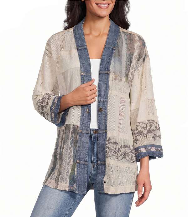 ジョン 見澄ます レディース アウター 厚地の外套 パッチワーク スピード競技 上衣 John Mark Woven Lace Patchwork 3/4 Sleeve One Button-Front Jacket White Floral 白いこと