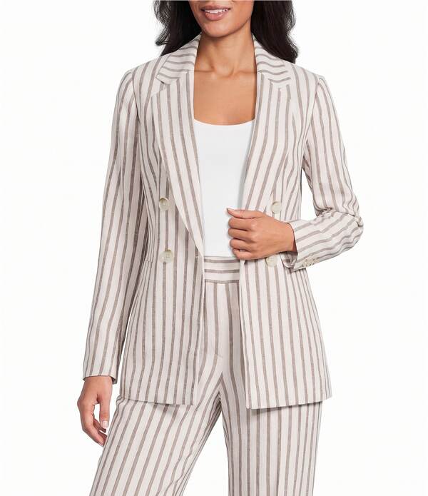 アンクライン レディース アウター 厚地の外套 上衣 Anne Klein Faux Double Breasted Stripe Open Front Coordinating Jacket White Dove/Dark Chocolate 白いこと