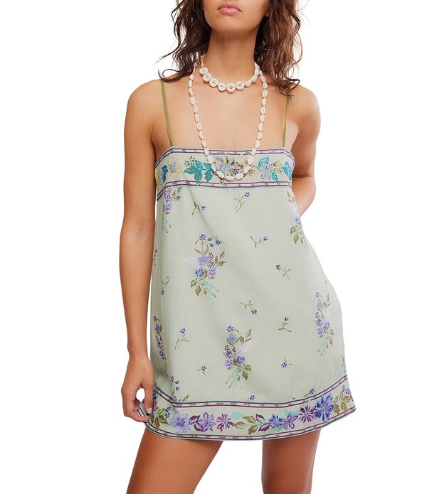 フリーピープル レディース トップス 衣装 ミニ ノースリーブ 刺しゅう Free People Bali Take Me With You Embroidered Square Neck Sleeveless Mini Shift Dress Mint Combo ペパーミント