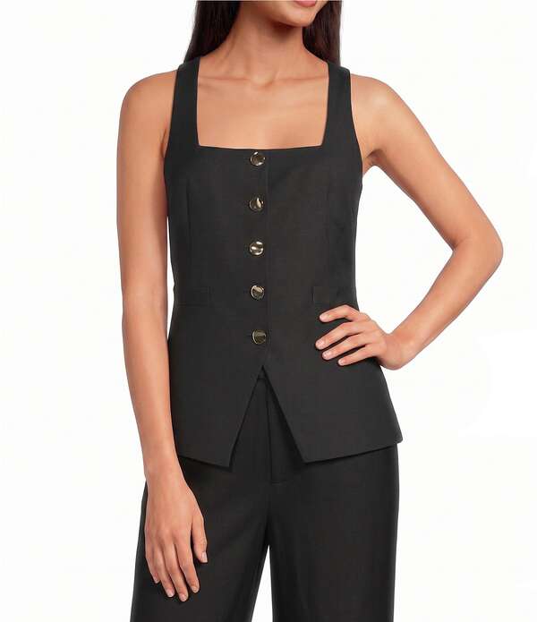 ジャンビニ レディース アウター より良い ノースリーブ リネン Gianni Bini Effie Square Neck Sleeveless Coordinating Linen Vestop Black 黒いこと
