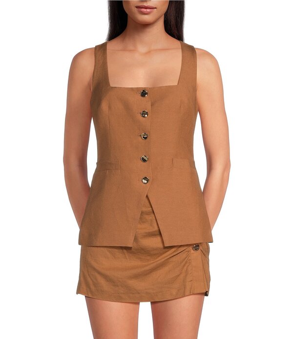 ジャンビニ レディース アウター より良い ノースリーブ リネン Gianni Bini Effie Square Neck Sleeveless Coordinating Linen Vestopecan