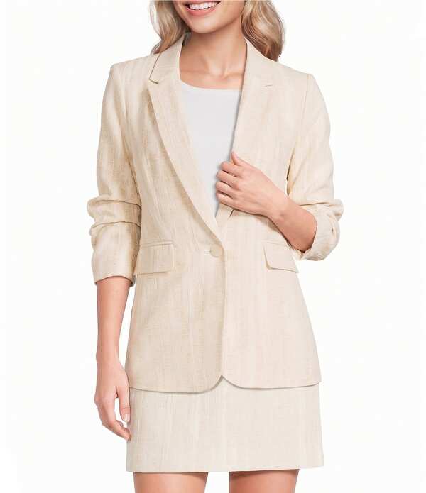 ダナキャラン レディース アウター 厚地の外套 ギャザー 上衣 DKNY by Donna Karan Coordinating Jacquard Notch Lapel 3/4 Ruched Sleeve One Button Front Jacket Mojave/Coconut