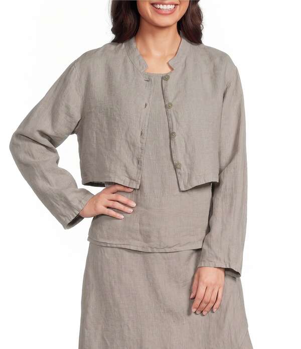 ブラジャーはたご屋 ウォーカー レディース アウター 厚地の外套 リネン 上衣 Bryn Walker Light Linen Mandarin Collar Long Sleeve Button Front Jacket Nebbia