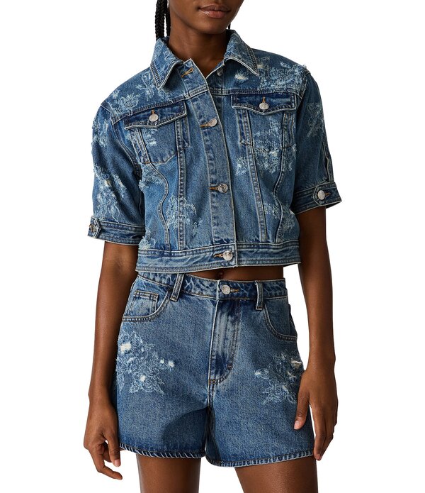 スティーブ マデン レディース アウター 厚地の外套 御花柄 ジーンズ 御花 上衣 Steve Madden Blu Distressed Floral Collared Short Sleeve Coordinating Denim Trucker Jacket Mixed Indigo インディゴ