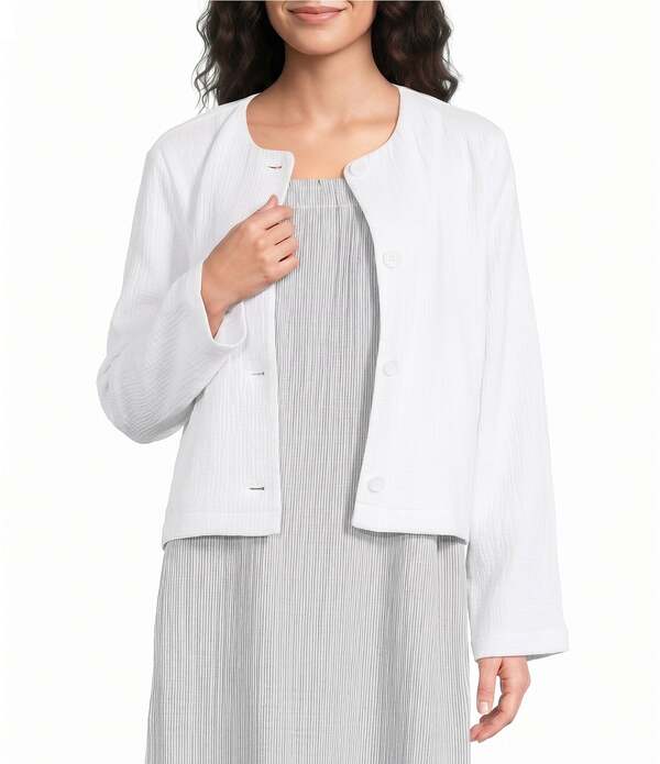 エイリーンフィッシャー レディース アウター コート コットン ジャケット Eileen Fisher Organicotton Jacqaurd Round Neck Long Sleeve Jacket White ホワイト｜ReVida 店