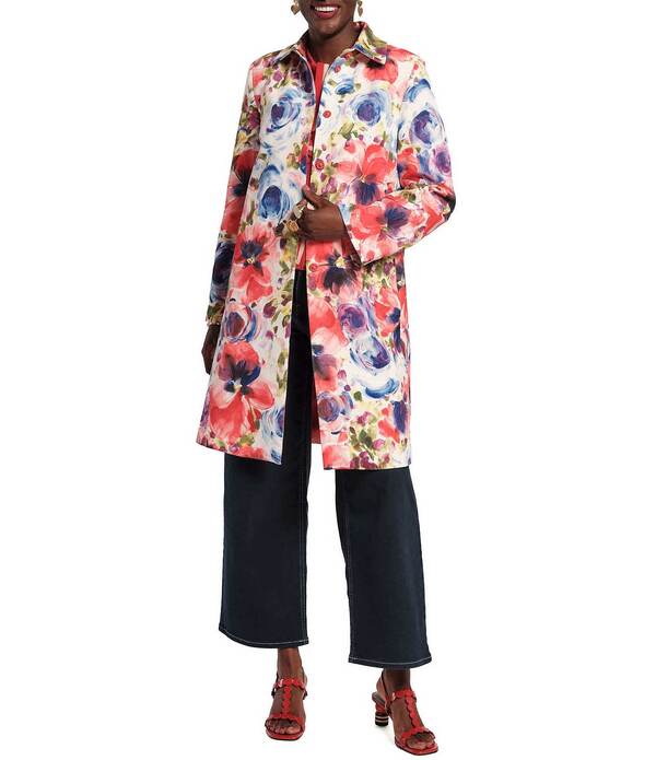 フランセスバレンタイン レディース アウター 厚地の外套 御花柄 刷り上げる 御花 上衣 FRANCES VALENTINE Super Bloom Floral Print Dupioni Snap-Front Long Topper Jacket Pink/Purple/Multi サクラ色