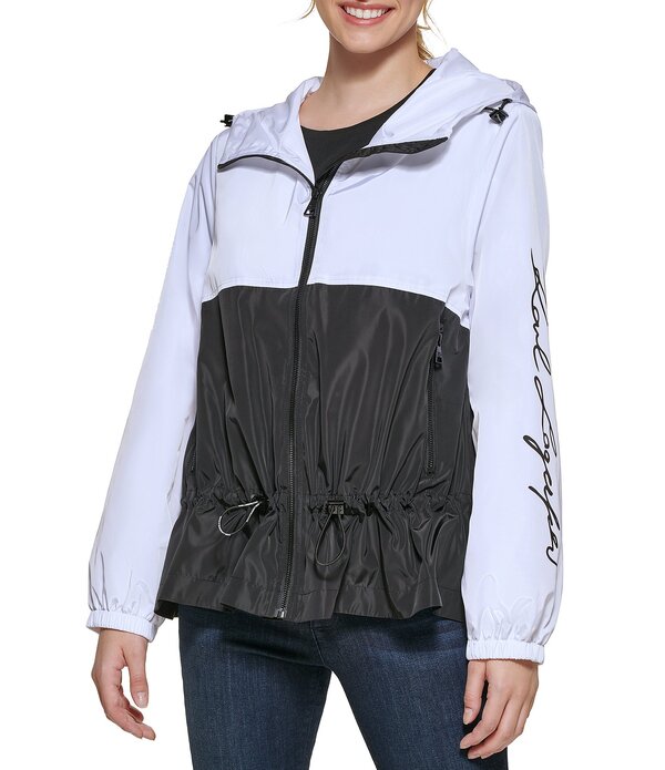 長い巻き毛 ラガーフェルド レディース アウター 厚地の外套 刷り上げる 上衣 KARLAGERFELD PARISprint Hooded Zip Front Soft Windbreaker Jacket Black/White 白いこと