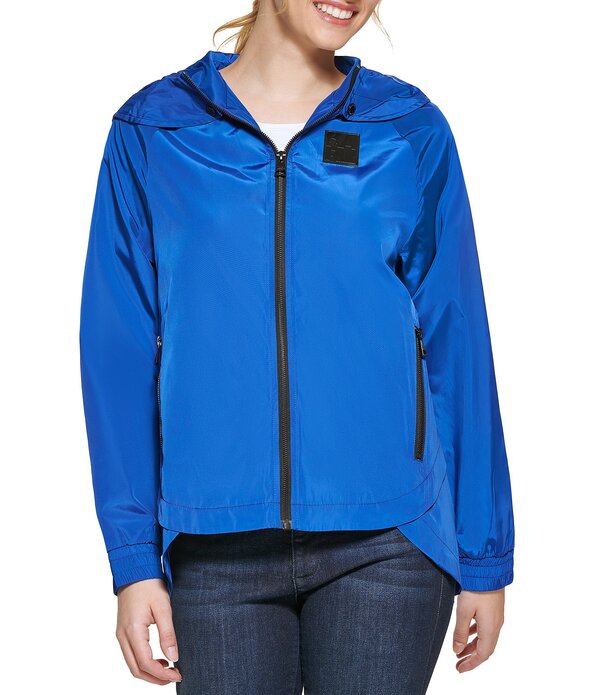 長い巻き毛 ラガーフェルド レディース アウター 厚地の外套 上衣 KARLAGERFELD PARIS Hooded Neck Front Zip Soft Windbreaker Jacket Cobalt 青緑色
