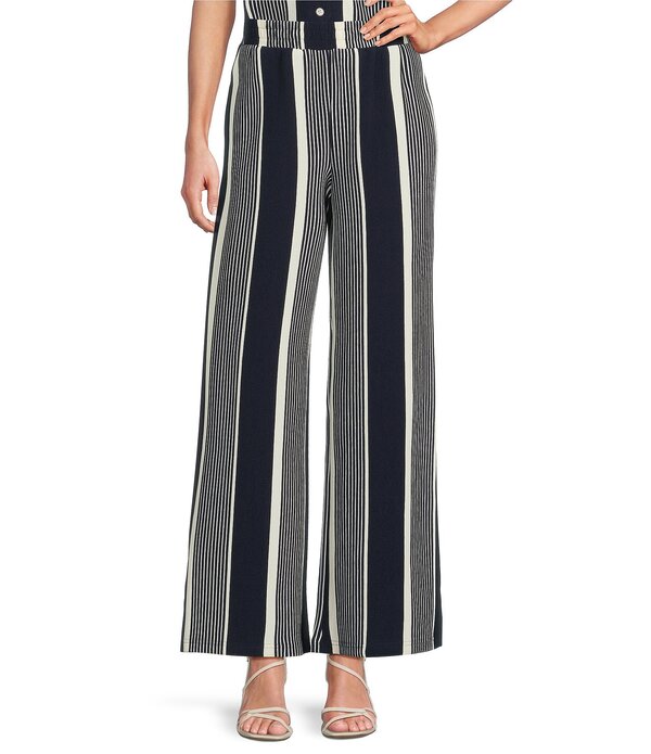 スカイズアブルー レディース ボトムス 心地好いズボン下 ワイドレッグ 刷り上げる Skies Are Blue Coordinating Stripe Print High Waisted Wide Leg Pants Navy/Ivory 象牙色
