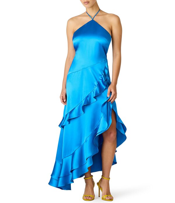 スティーブ マデン レディース トップス 衣装 非対称 フラウンス MIDI 繻子 ホルター Steve Madden Caspia Solid Satin Halter Neck Asymmetrical Ruffle Midi Dress Bluing