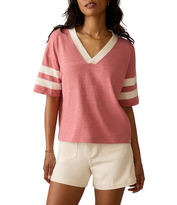 ファレティ レディース トップス ティーシャツ Vのど首 綿織物 編み物 Faherty Organicotton Slub Varsity Knit Striped V-Neck Short Sleeve Tee Faded Flag Varsity 縞模様