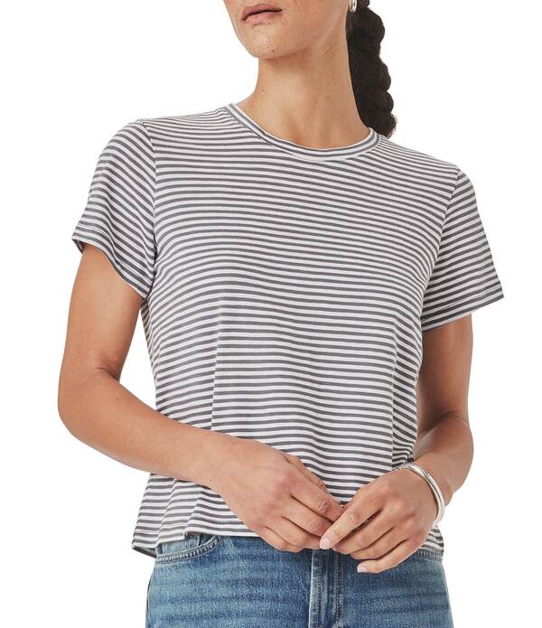 スプレンディット レディース トップス プルオーバー 労働者の一団のど首 刷り上げる 編み物 Splendid Louisa Knit Stripe Print Crew Neck Short Sleeve Shirt Ink/White 白いこと