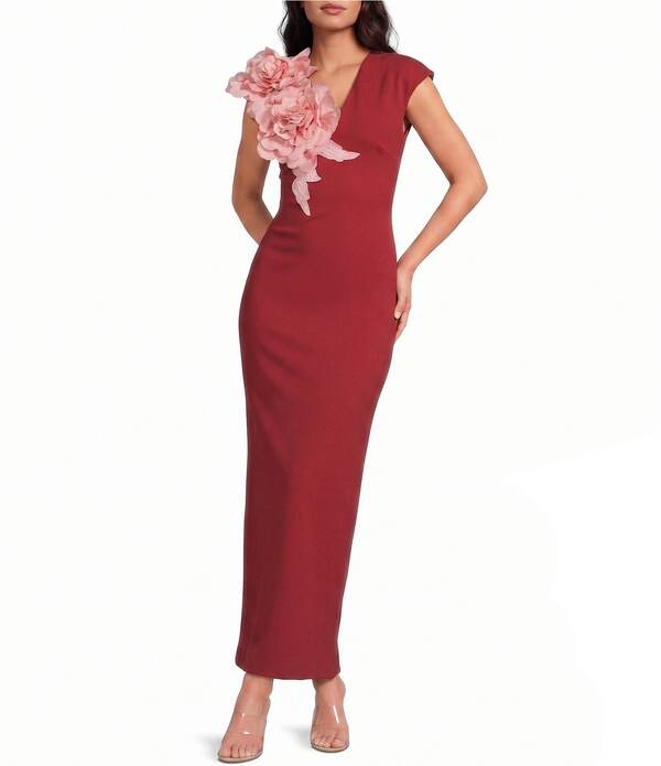 エリアット レディース トップス 衣裳 Vのど首 御花柄 ノースリーブ 御花 ELLIATT Zahara Plunge V-Neck Sleeveless 3D Floral Gown Burgundy バーガンディ