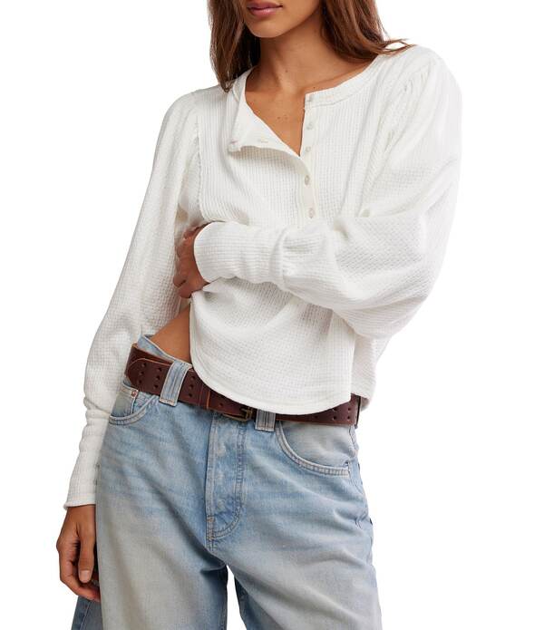 フリーピープル レディース トップス ティーシャツ ヘンリーのど首 編み物 Free People We The Free Quinn Henley Neck Long Sleeve Thermal Knitop Ivory 象牙色