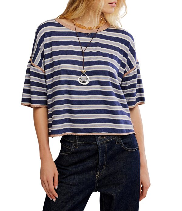 フリーピープル レディース トップス Tシャツ プリント Free People We The Free Clean Rugby Stipe Print Scoop Neck Short Sleeve Tee Navy Combo ネイビー｜ReVida 店 14,615円
