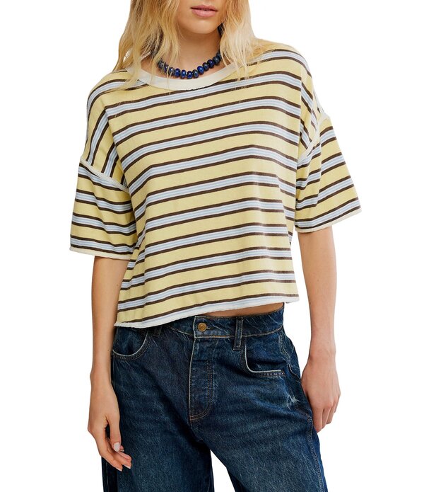 フリーピープル レディース トップス Tシャツ プリント Free People We The Free Clean Rugby Stipe Print Scoop Neck Short Sleeve Tee Yellow Combo イエロー｜ReVida 店 13,286円