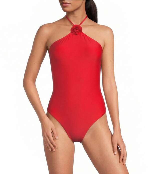 ジャンビニ レディース トップス 衣装 ハイネック ホルター Gianni Bini Fabric Rosette High Neck Halter One Piece Swimsuit Lifeguard Red 赤いこと