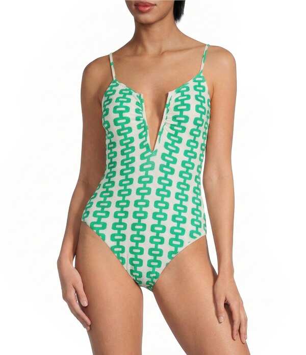 ジャンビニ レディース トップス 衣装 Gianni Bini Textured Retro Fille V-Wire Plunge One Piece Swimsuit Kelly Green 緑であること