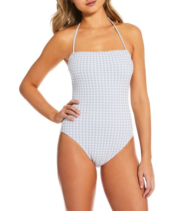 ジャンビニ レディース トップス 衣装 ギンガム読み合わせる ギンガム Gianni Bini Textured Gingham Loop Trim Bandeau One Piece Swimsuit Light Blue 青色