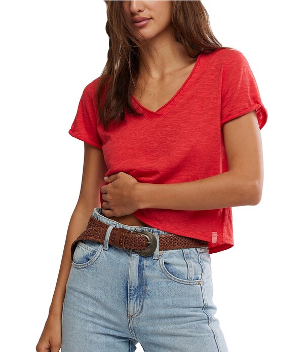 フリーピープル レディース トップス ティーシャツ Vのど首 Free People We The Free Take 2 V-Neck Short Sleeve Tee Racing Red Combo 赤いこと