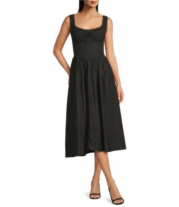 スカイズアブルー レディース トップス 衣装 ギャザー MIDI ノースリーブ Skies Are Blue Sweetheart Neck Sleeveless Ruched Tie Front Midi Dress Black 黒いこと