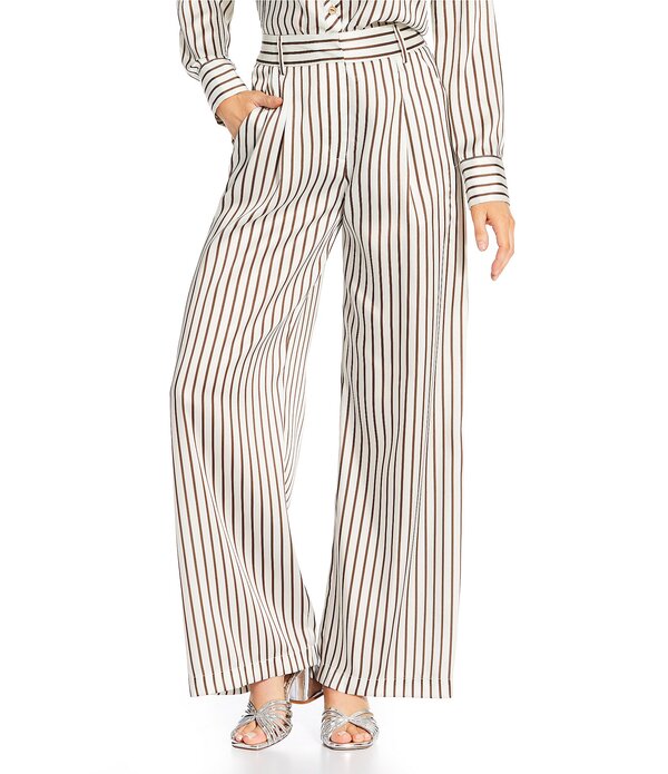アントニオ メラーニ レディース ボトムス 心地好いズボン下 ワイドレッグ 刷り上げる 繻子 Antonio Melani x Amanda Jones Vaughan Sherry Coordinating Printed Satin Stripe Flat Front Wide Leg Pants Chocolate/Ivory 象牙色