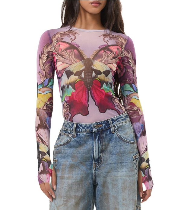 エーエフアールエム レディース トップス ティーシャツ 労働者の一団のど首 刷り上げる メッシュ AFRM Kaylee Butterfly Printed Crew Neck Long Sleeve Mesh Top Ornate Butterfly