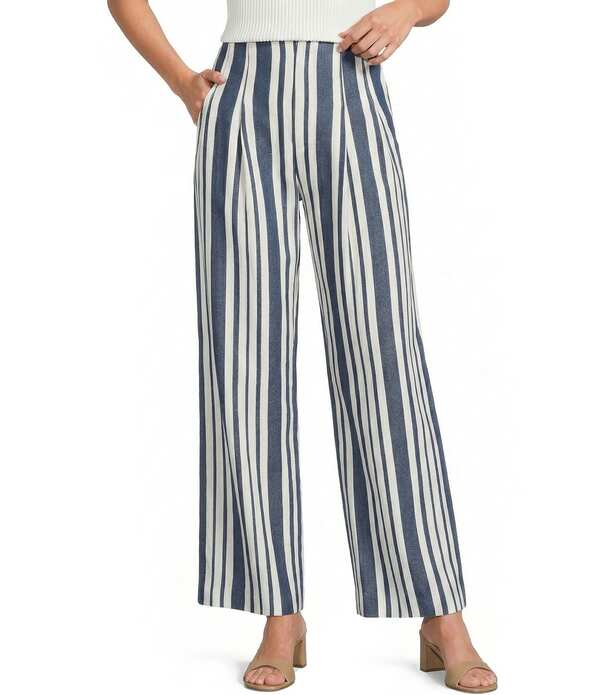 アントニオ メラーニ レディース ボトムス 心地よいズボン下 ワイドレッグ 筋目 リネン Antonio Melani Melinda Linen Stripe High Rise Flat Front Pleated Wide Leg Coordinating Pants White/Navy 白いこと