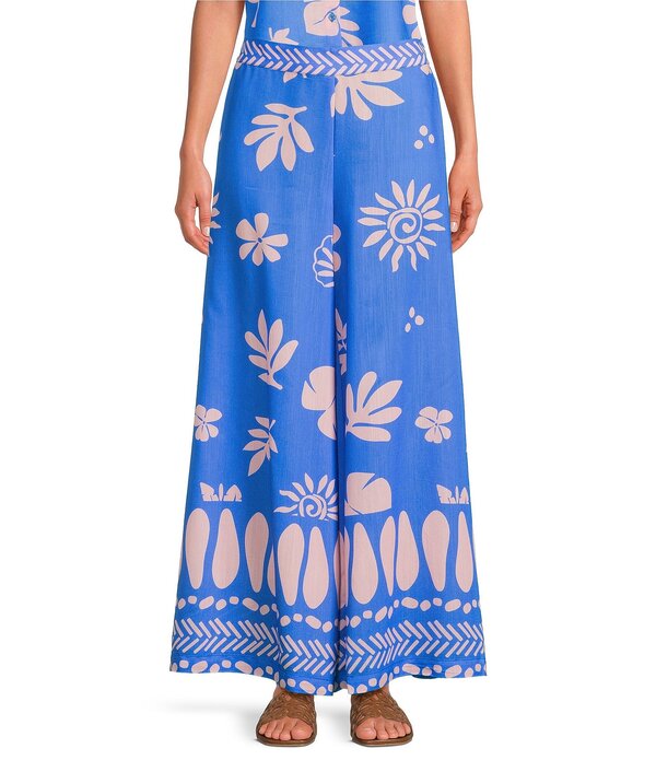 スカイズアブルー レディース ボトムス 心地好いズボン下 ワイドレッグ 刷り上げる Skies Are Blue Leaf Print High Rise Wide Leg Coordinating Pants Blue/Pink 青み