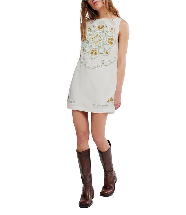フリーピープル レディース トップス 衣裳 ミニ ノースリーブ 刺しゅう リネン Free Peoplelectric Garden Linen Blend Embroidered Boat Neck Sleeveless Mini Shift Dress Ivory Combo 象牙色