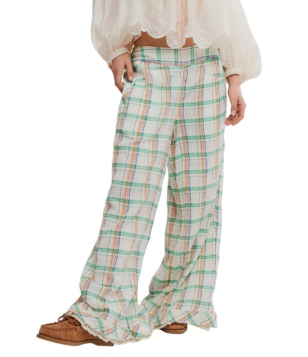 フリーピープル レディース ボトムス 心地好いズボン下 ワイドレッグ 刷り上げる フラウンス Free People Hour Glass Plaid Print Wide Leg Ruffle Trim Pants Ivory Combo 象牙色