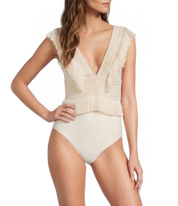 アントニオ メラーニ レディース トップス 衣装 Vのど首 フリンジ Antonio Melani Deep V-Neck Fringe Detail One Piece Swimsuit Ivory 象牙色