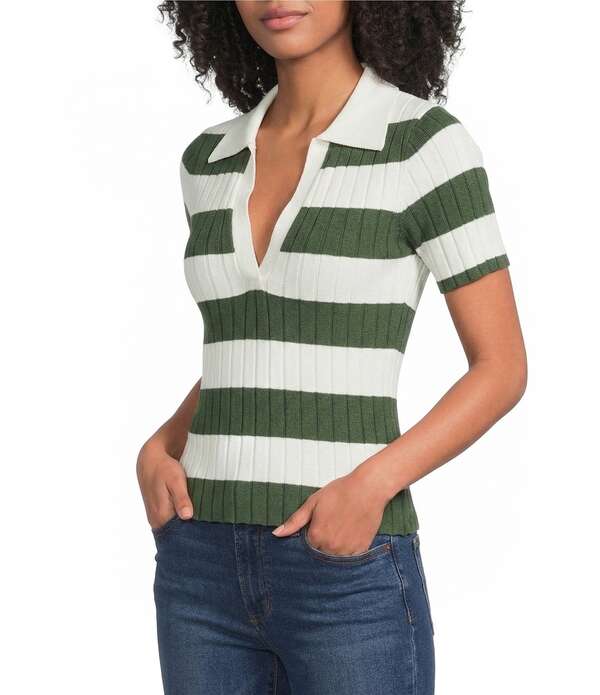 ルーシー光の都市 レディース トップス ティーシャツ スポーツシャツ 編み物 Lucy Parismith Stripe Polo Neck Short Sleeve Knitop Green Stripe 緑であること