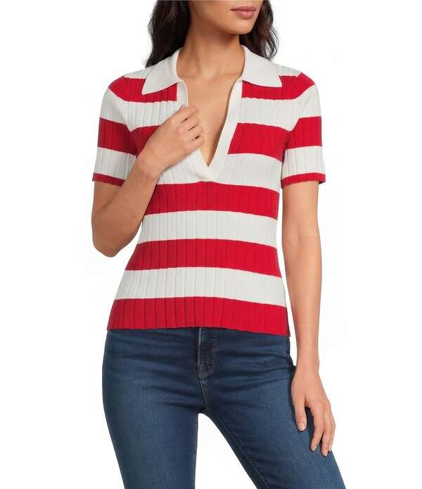 ルーシー光の都市 レディース トップス ティーシャツ スポーツシャツ 編み物 Lucy Parismith Stripe Polo Neck Short Sleeve Knitop Red Cream 皮膚軟化剤