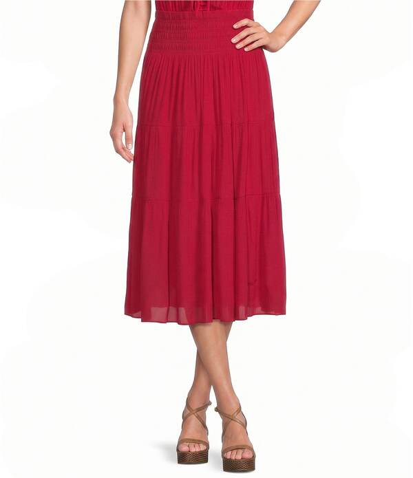 ルーシー光の都市 レディース 下つ方スコート A 伝達ルート MIDI シャーリング Lucy Paris Tropez Smocked Coordinating A-Line Midi Skirt Red 赤いこと