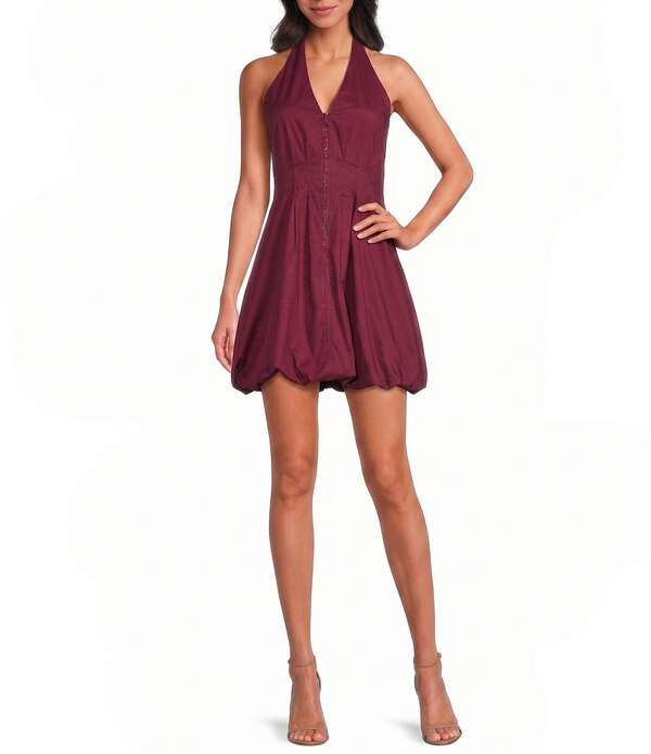 スティーブ マデン レディース トップス 衣装 ミニ ノースリーブ ホルター Steve Madden Dianna Halter Neck Sleeveless Bubble Hem Poplin Mini Dress Dark Red 赤いこと
