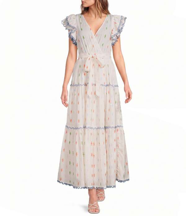 エーラブズエー レディース トップス 衣裳 A 伝達ルート 刷り上げる フラウンス マキシ A Loves A Woven Printed Surplice Neck Ruffle Sleeve Self-Tie Belted A-Line Maxi Dress Cloud Blue 青碧