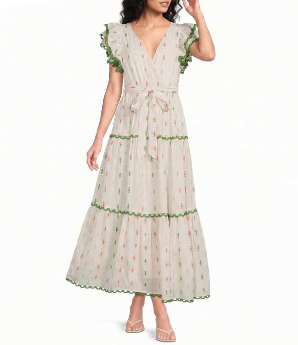 エーラブズエー レディース トップス 衣裳 A 伝達ルート 刷り上げる フラウンス マキシ A Loves A Woven Printed Surplice Neck Ruffle Sleeve Self-Tie Belted A-Line Maxi Dress Pepper