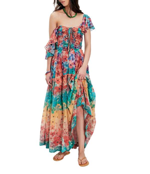 フリーピープル レディース トップス 衣裳 A 伝達ルート 御花柄 刷り上げる マキシ 御花 Free People Sunshine Floral Printed Square Neck Flutter Sleeve A-Line Maxi Dressoftropicombo