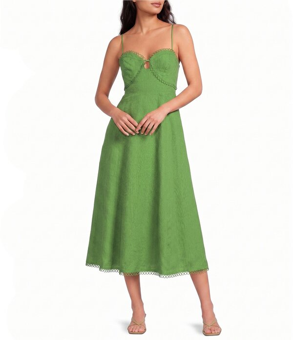 アストール レディース トップス 衣装 MIDI ノースリーブ 刺しゅう リネン ASTR the Label Christiembroidered Sweetheart Neck Sleeveless Linen Midi Dress Green 緑であること