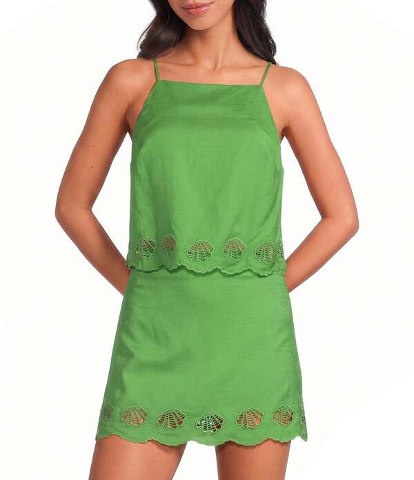 アストール レディース トップス シャツ ノースリーブ 刺繍 リネン ASTR the Label Taniya Square Neck Sleeveless Cutwork Embroidered Linen Coordinating Tank Top Green グリーン｜ReVida 店