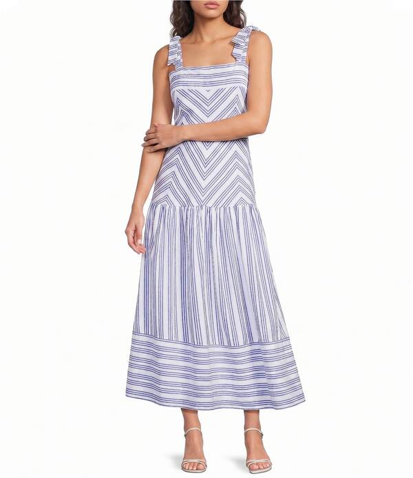 エーラブズエー レディース トップス 衣装 A 生産ライン MIDI ノースリーブ A Loves A Stripe Pattern Square Neck Sleeveless Woven A-Line Midi Dress Medium Blue 青色