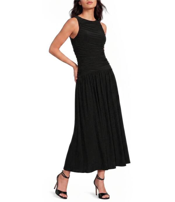 ジャンビニ レディース トップス 衣裳 A 伝達ルート ギャザー ノースリーブ 編み物 マキシ Gianni Bini Ruched Knit Boat Neck Sleeveless A-Line Maxi Dress Black 黒いこと