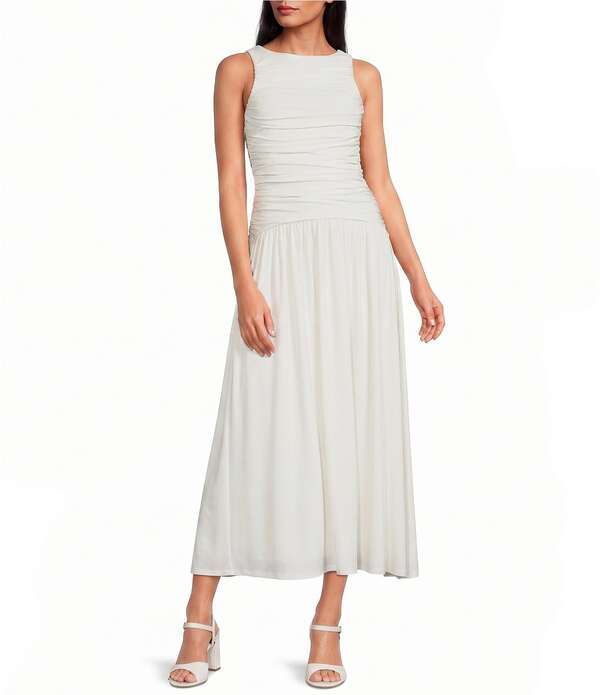 ジャンビニ レディース トップス 衣裳 A 伝達ルート ギャザー ノースリーブ 編み物 マキシ Gianni Bini Ruched Knit Boat Neck Sleeveless A-Line Maxi Dress Ivory 象牙色