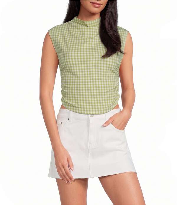ジャンビニ レディース トップス シャツ モックネック ギンガムチェック プリント ノースリーブ ニット ギンガム Gianni Bini Knit Gingham Print Mock Neck Sleeveless Tank Top Green Gingham グリーン｜ReVida 店