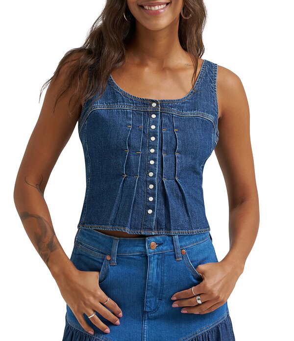 ラングラー レディース トップス プルオーバー 筋目 ノースリーブ ジーンズ Wrangler Pleated Scoop Neck Sleeveless Button Front Denim Corsetop Lone Rider ジーンズ