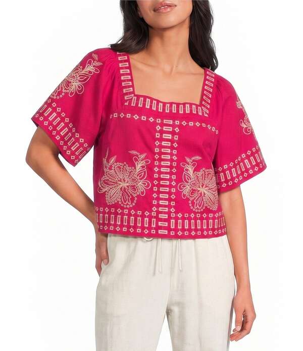 シュガーリップス レディース トップス プルオーバー 刺しゅう Sugarlipsilvia Embroidered Square Neck Short Sleeve Top Fuchsia フューシャ