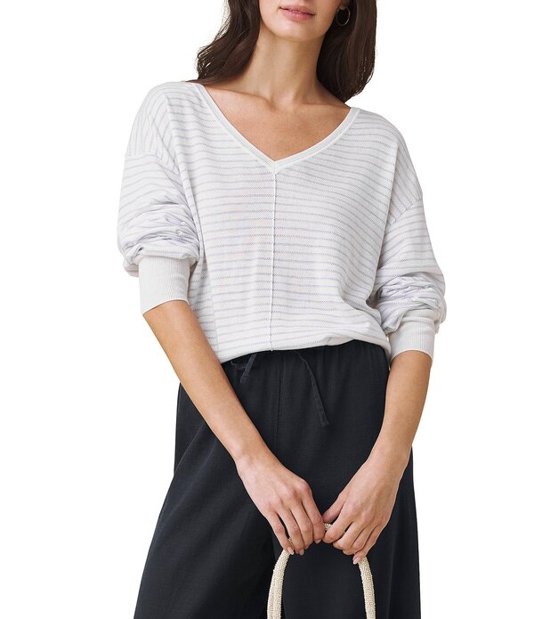 スプレンディット レディース トップス Tシャツ Vネック ニット Splendid Erica Stripe Knit V-Neck Long Sleeve Top White/Azure ホワイト｜ReVida 店