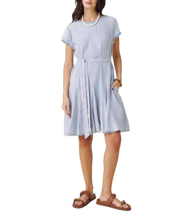 スプレンディット レディース トップス 衣装 労働者の一団のど首 Splendid Lydia Crew Neck Short Sleeve Tie Waist Godet Dress Bleached Indigo インディゴ